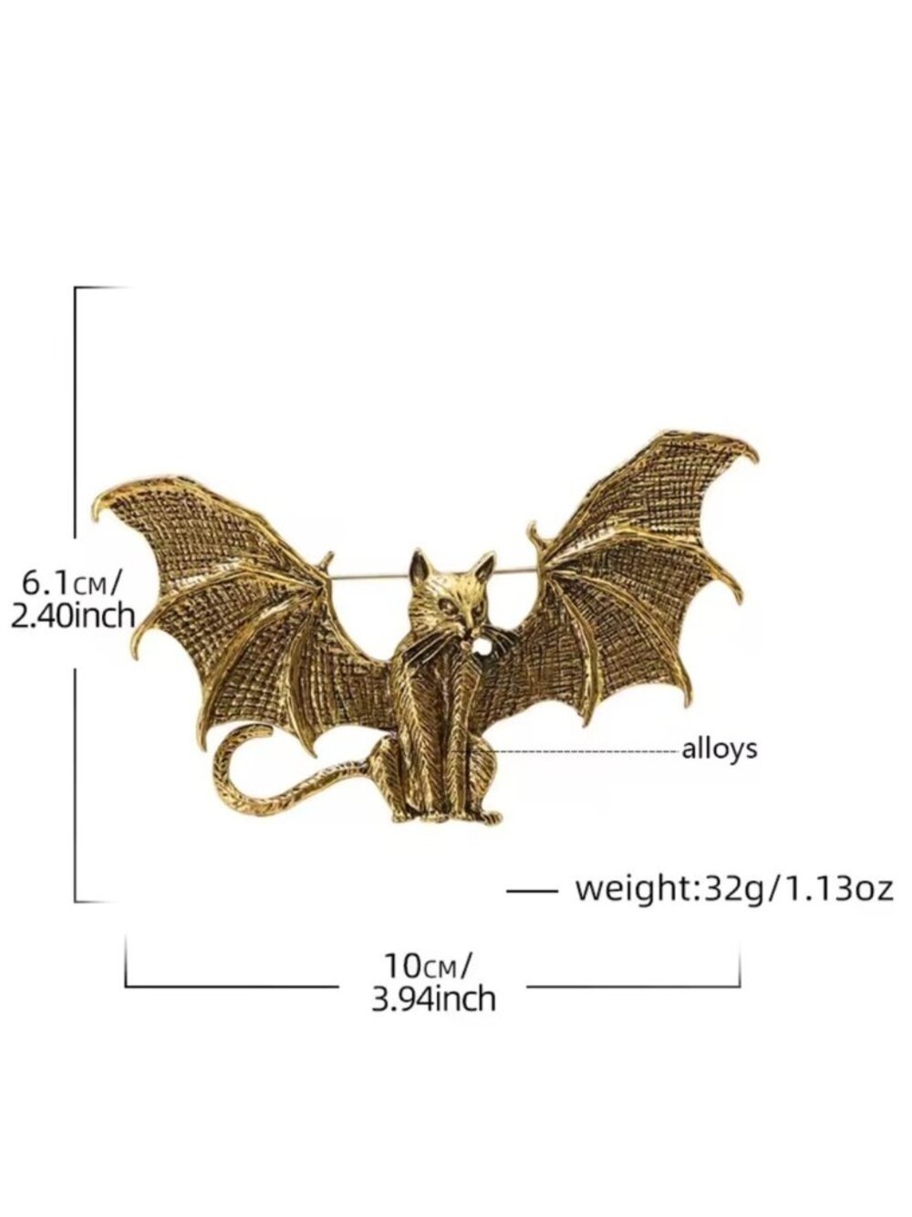 Gothic Bat Cat Brass Brooch - Picture 3 of 14